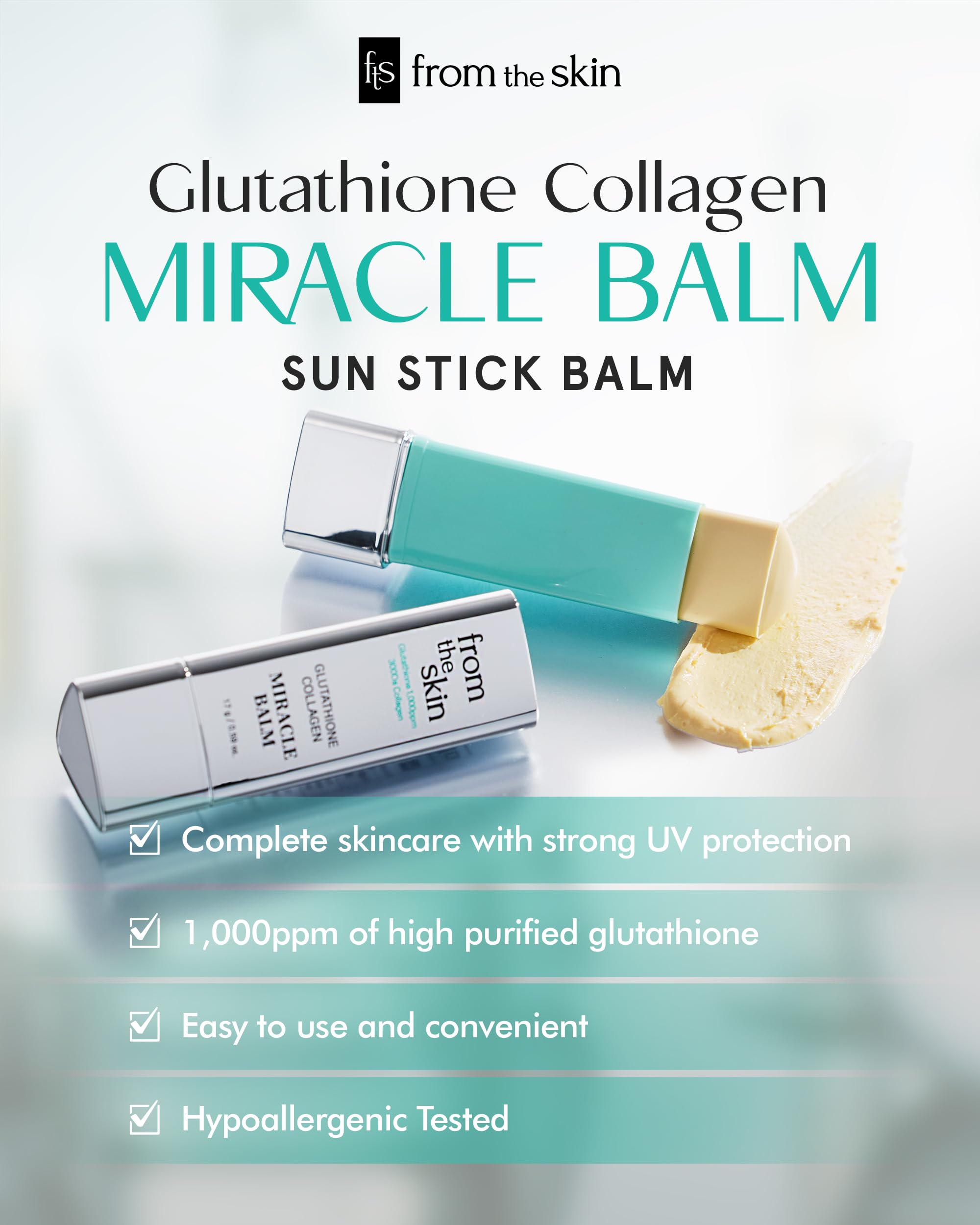 FROM THE SKIN Glutathione Collagen Miracle Balm – SPF 50+ Anti-Wrinkle Sunscreen Stick for Radiant and Youthful Skin - Pore Covering Silky Finish Sunblock Stick, 0.59oz.