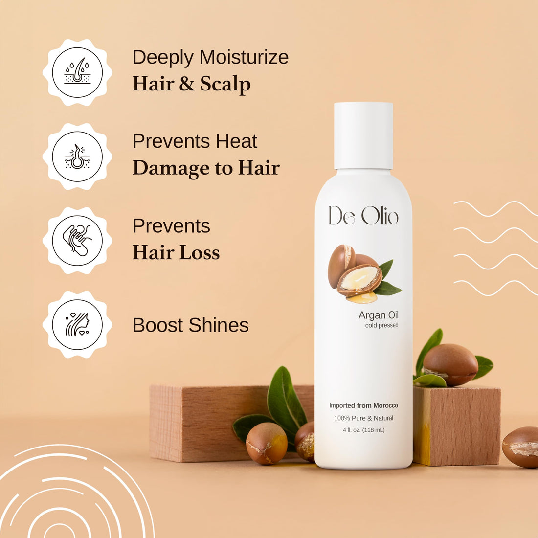 De Olio | Argan Oil of Morocco | 100% Pure & Natural Cold Pressed Argan Oil for Hair, Skin, Face | Refined Moroccan Hair Oil for Moisturizing & Strengthening | 16fl. oz. (473 mL)