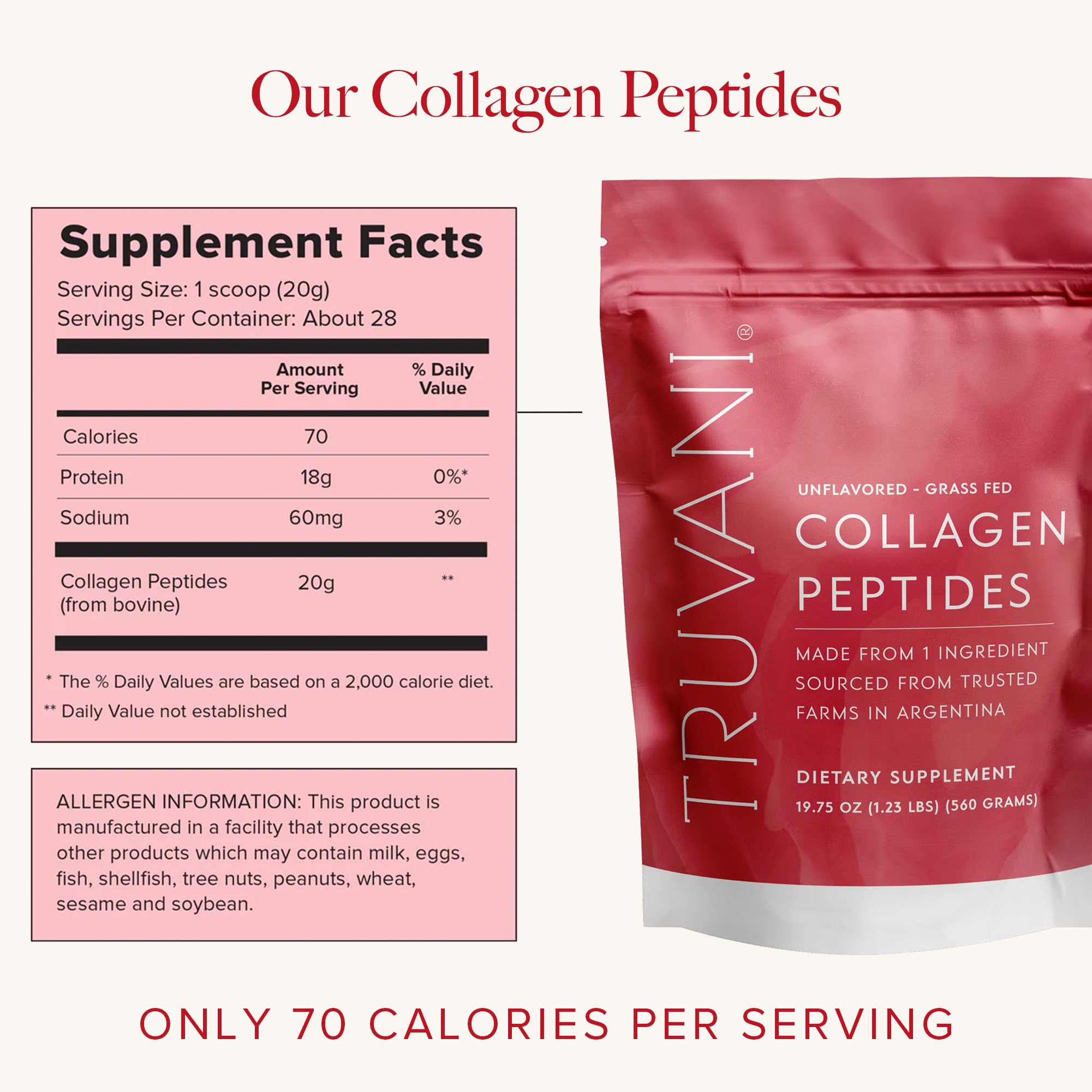 Truvani Hydrolyzed Collagen Peptides | Unflavored | 28 Servings | 20g Grass-Fed Collagen Protein Powder | Promotes Hair, Skin, and Nail Health | Dairy & Gluten Free | Women & Men | Package May Vary