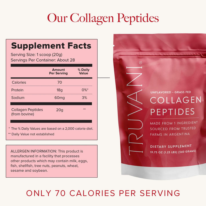 Truvani Hydrolyzed Collagen Peptides | Unflavored | 28 Servings | 20g Grass-Fed Collagen Protein Powder | Promotes Hair, Skin, and Nail Health | Dairy & Gluten Free | Women & Men | Package May Vary