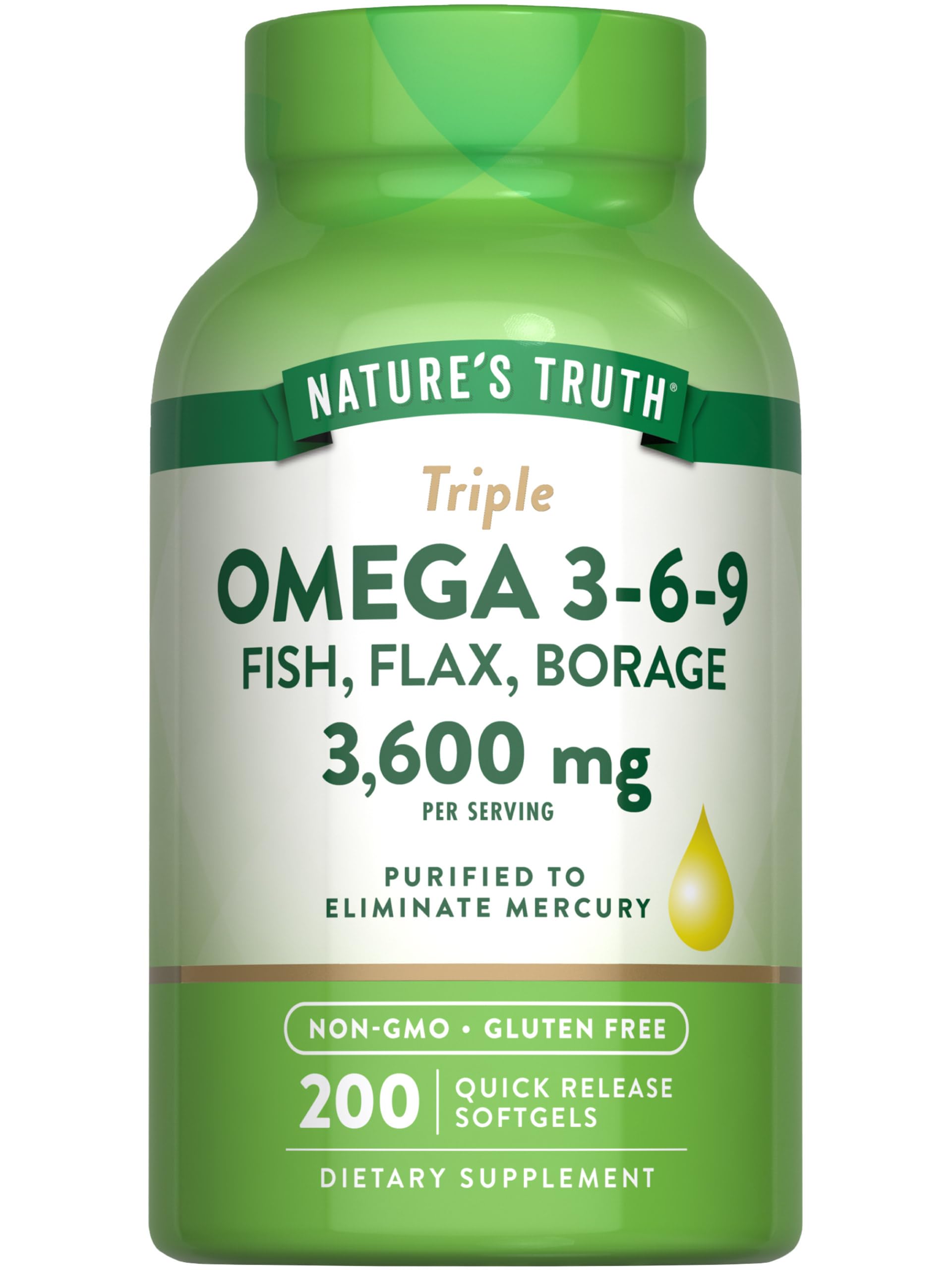 Nature's Truth Triple Omega 3 6 9 | 3600mg | 200 Softgels | Fish, Flax, Borage Oils Supplement | Non-GMO & Gluten Free Supplement