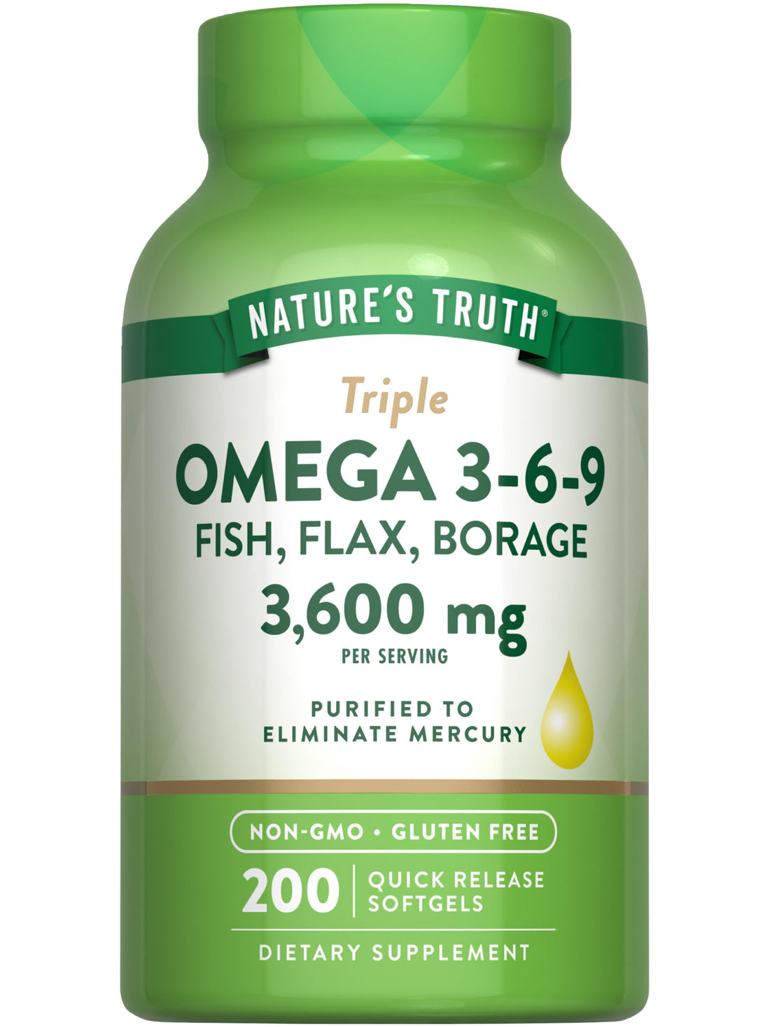 Nature's Truth Triple Omega 3 6 9 | 3600mg | 200 Softgels | Fish, Flax, Borage Oils Supplement | Non-GMO & Gluten Free Supplement