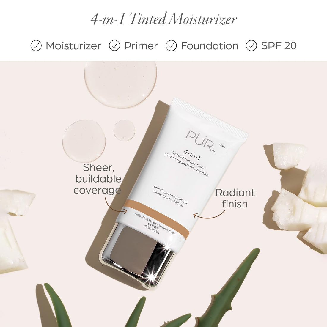 PUR Beauty 4-in-1 Tinted Moisturizer with SPF 20 - Hydrating Skin Tint Face Moisturizer, Primer & Foundation with Shea Butter, Aloe Vera & Vitamin B3 - Vegan Friendly, Paraben Free (Buff)
