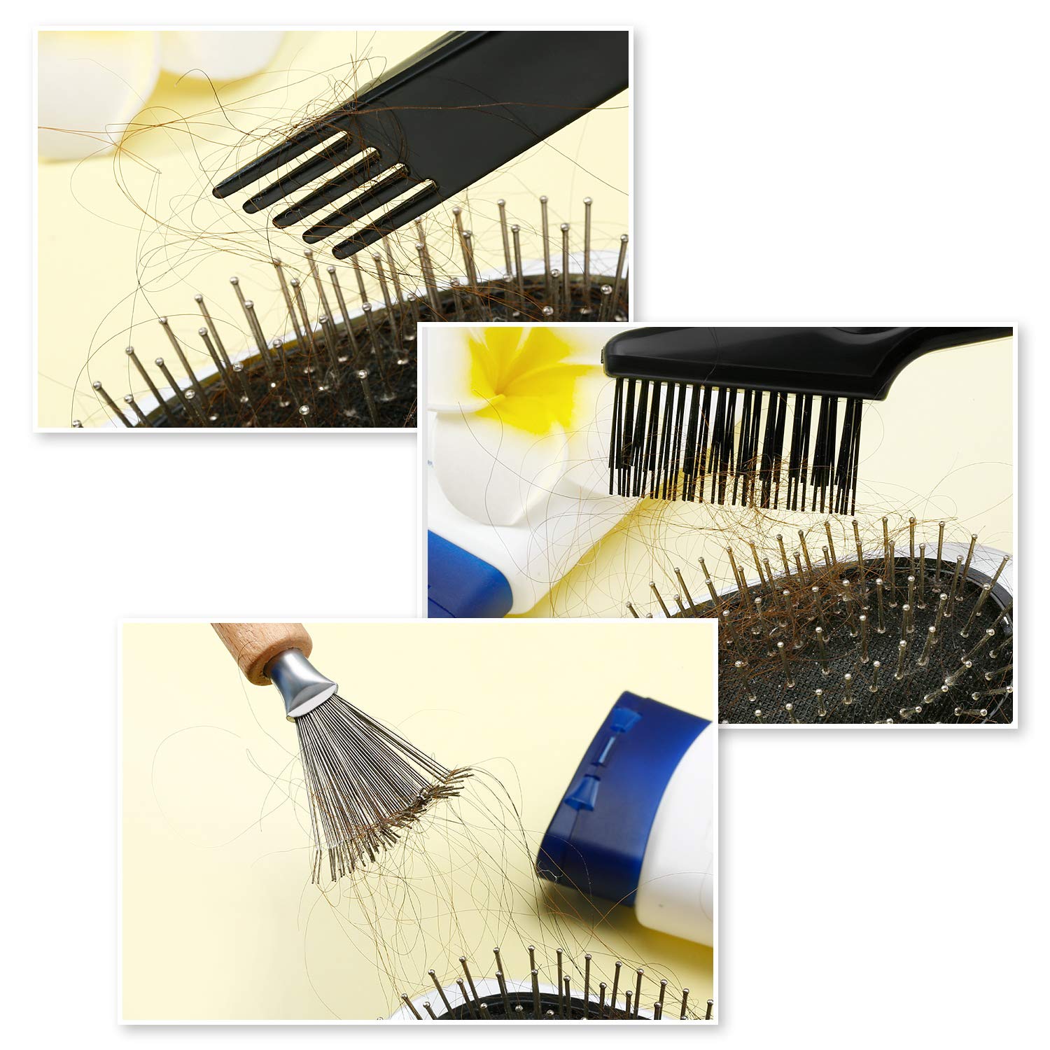 2 Pieces Hair Brush Cleaning Tools - Mini Comb Cleaner Rake with Wooden Handle for Removing Hair Dust at Home and Salon (Black)