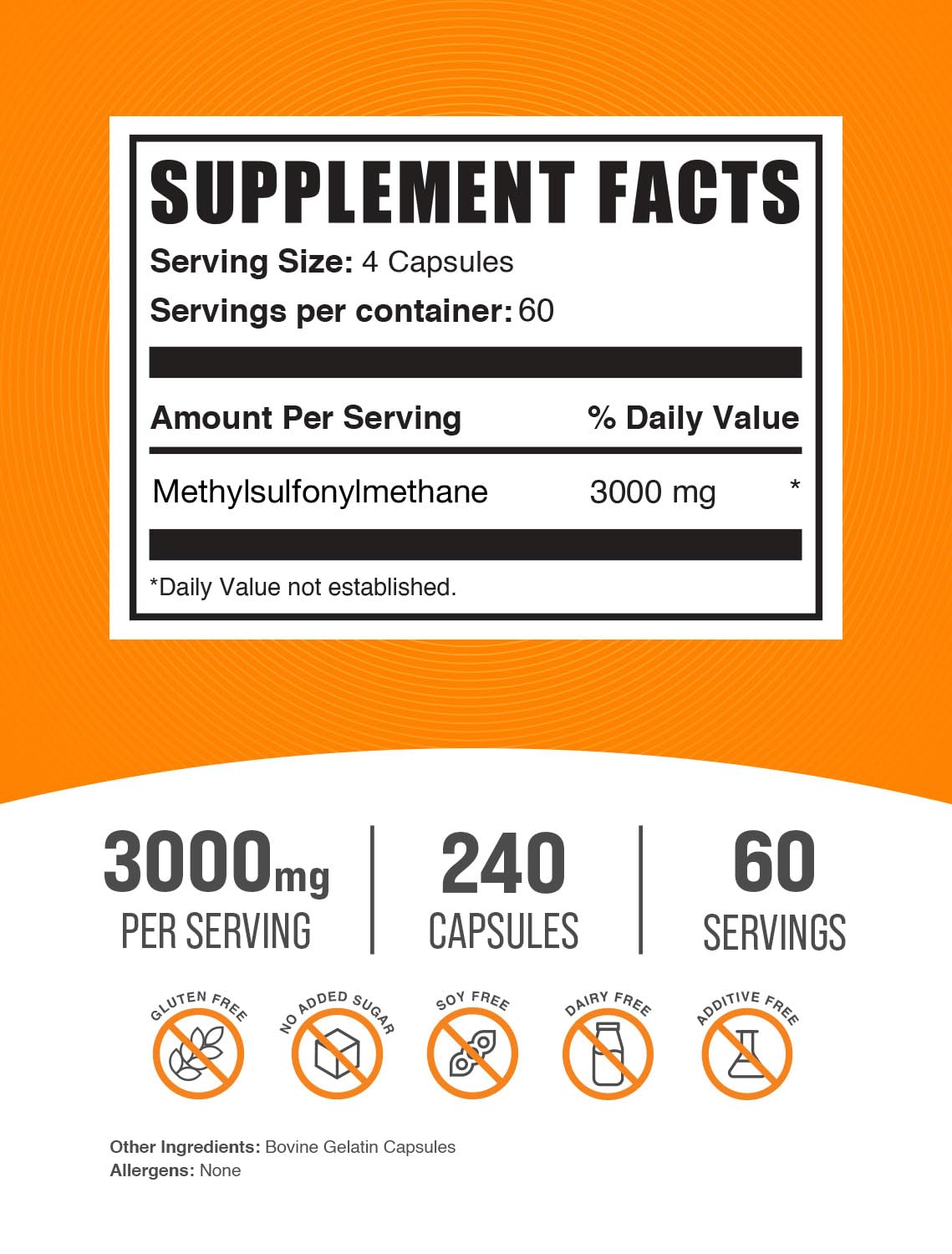BulkSupplements.com MSM Capsules - Methylsulfonylmethane, MSM Supplement Capsules, MSM 3000mg - Joint Supplements, Gluten Free, 4 Capsules per Serving, 240 Capsules (Pack of 1)