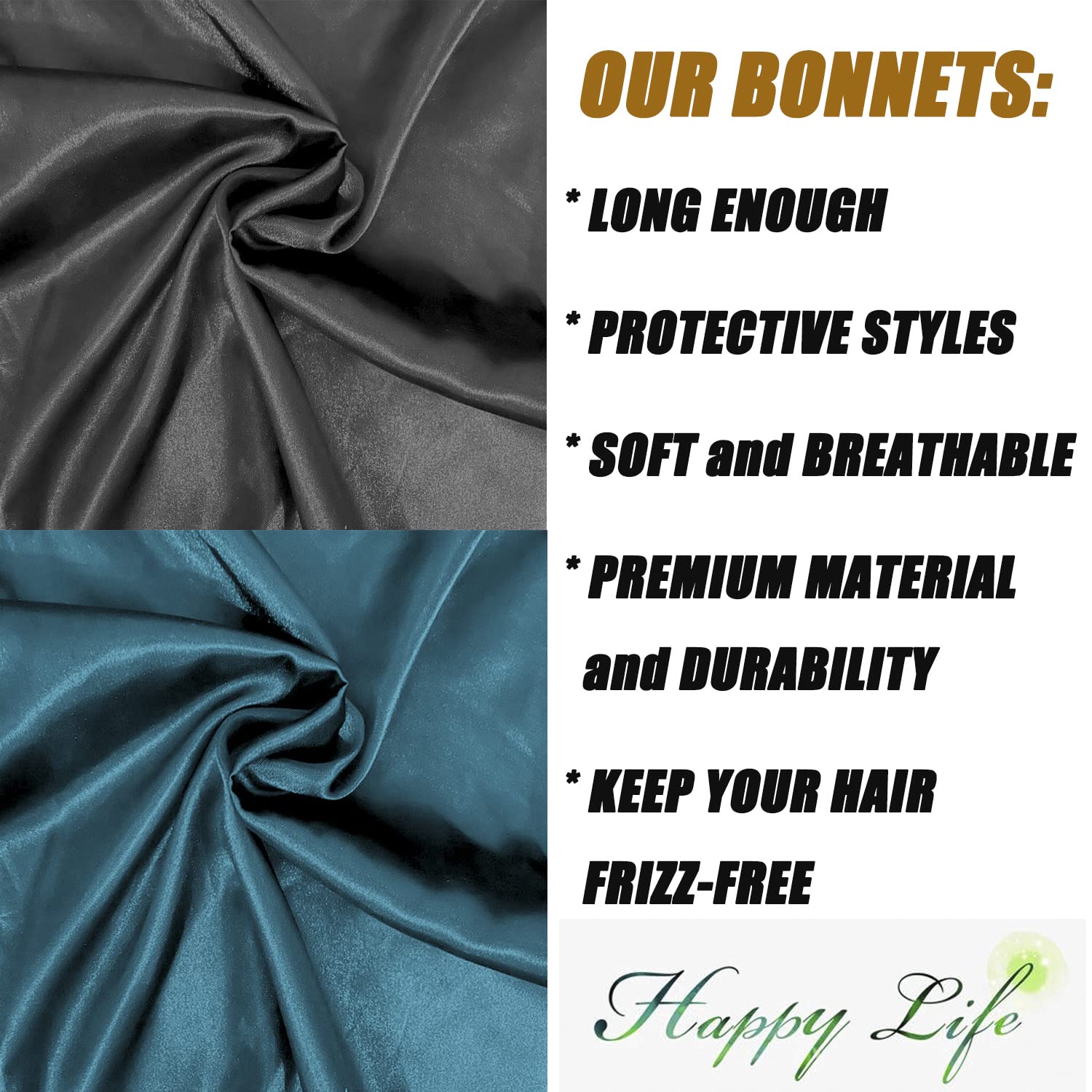 2 Pcs Hair Bonnets for Women Satin, Soft Elastic Band Silky Sleeping Cap Big Bonnets for Women Bonnet for Braids(Black+Green)