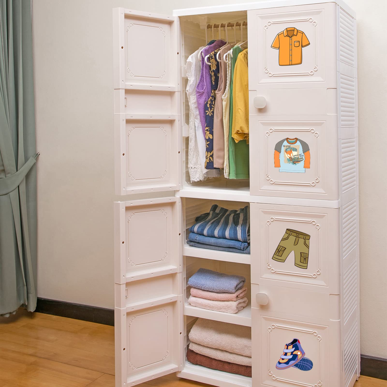 Chinco 32 Count Dresser Clothing Decals 4 Sheets Wardrobe Stickers Dresser Labels for Kids Decals Kid Clothes Labels Drawer Wall Stickers Bedroom Home Decor (Boy Style)