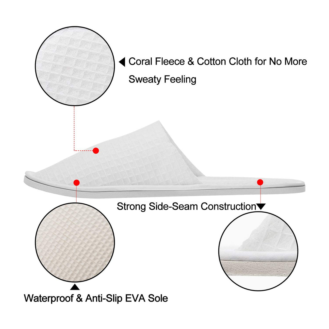 echoapple Waffle Closed Toe White Slippers-Two Size Fit Most Men and Women for Spa, Party Guest, Hotel and Travel (Medium, White-5 Pairs)