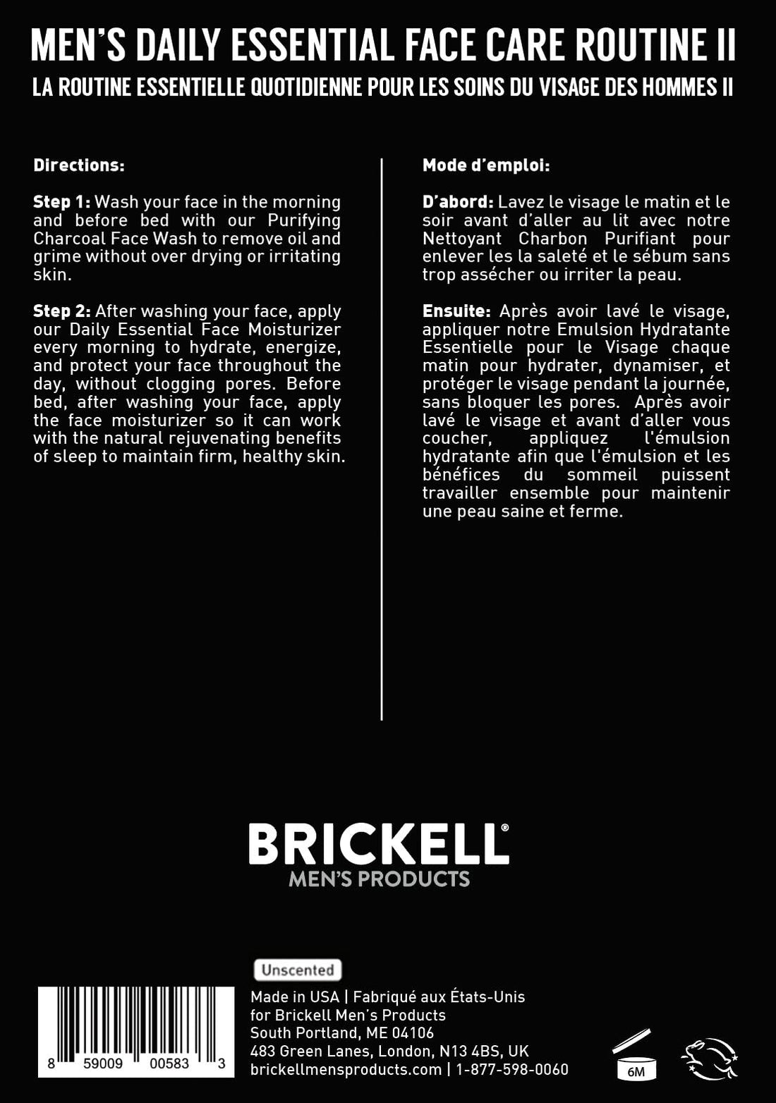 Brickell Men's Products Daily Essential Face Care Routine II, Purifying Charcoal Face Wash and Daily Essential Face Moisturizer, Natural and Organic, Unscented