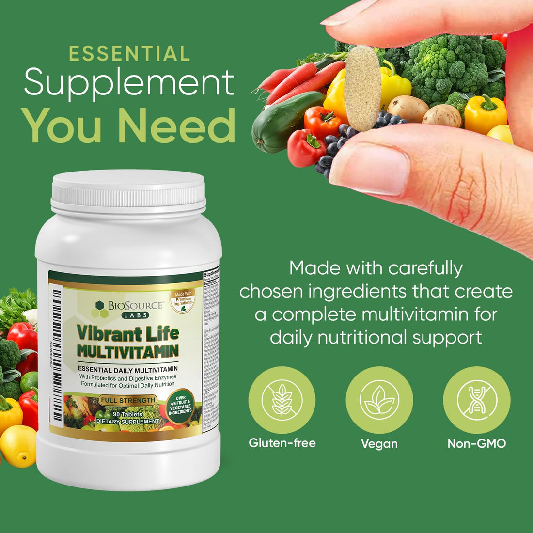BioSource Labs Vibrant Life Multivitamin with Probiotics, Digestive Enzymes & B-Complex – Over 45 Fruits and Veggies, Non-GMO, Gluten-Free, Daily Vitamins & Minerals for Men & Women (30-Day Supply)