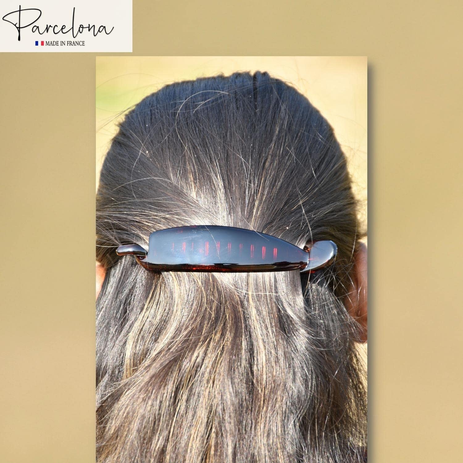 Parcelona French Sleek Set of 2 Large Shell Brown Black Celluloid No Metal Hair Clip Barrette