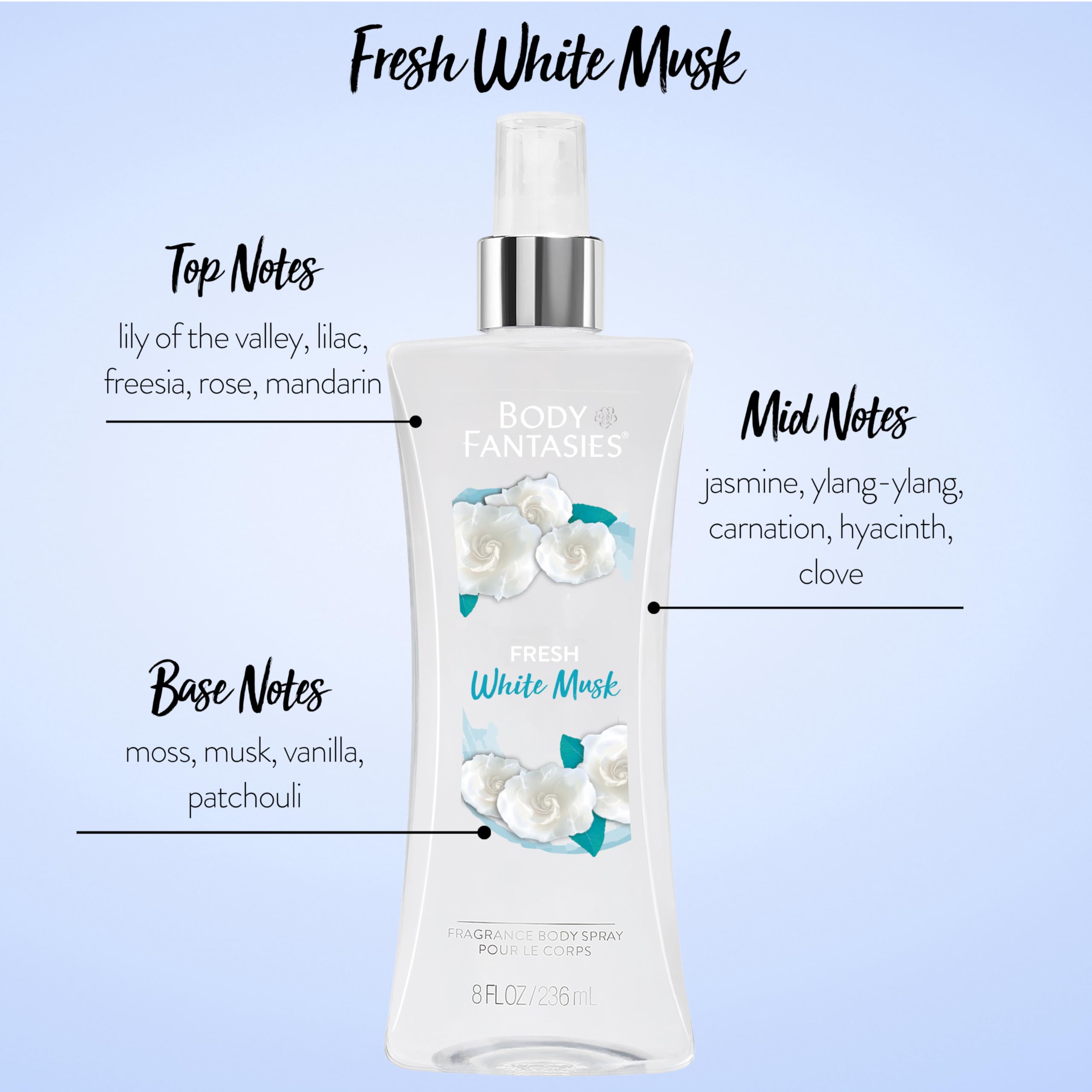 Body Fantasies Fresh White Musk Fantasy Fragrance Body Spray for Women 8 Ounce