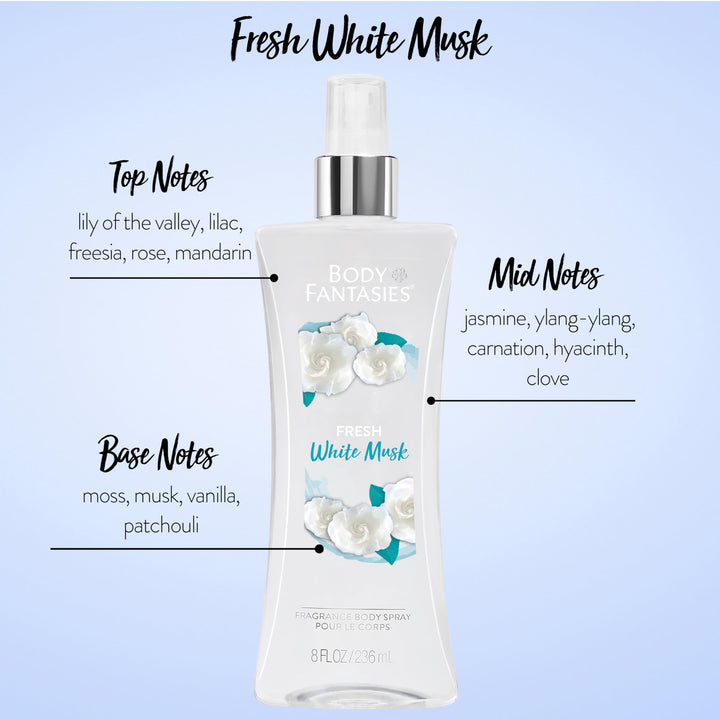 Body Fantasies Fresh White Musk Fantasy Fragrance Body Spray for Women 8 Ounce
