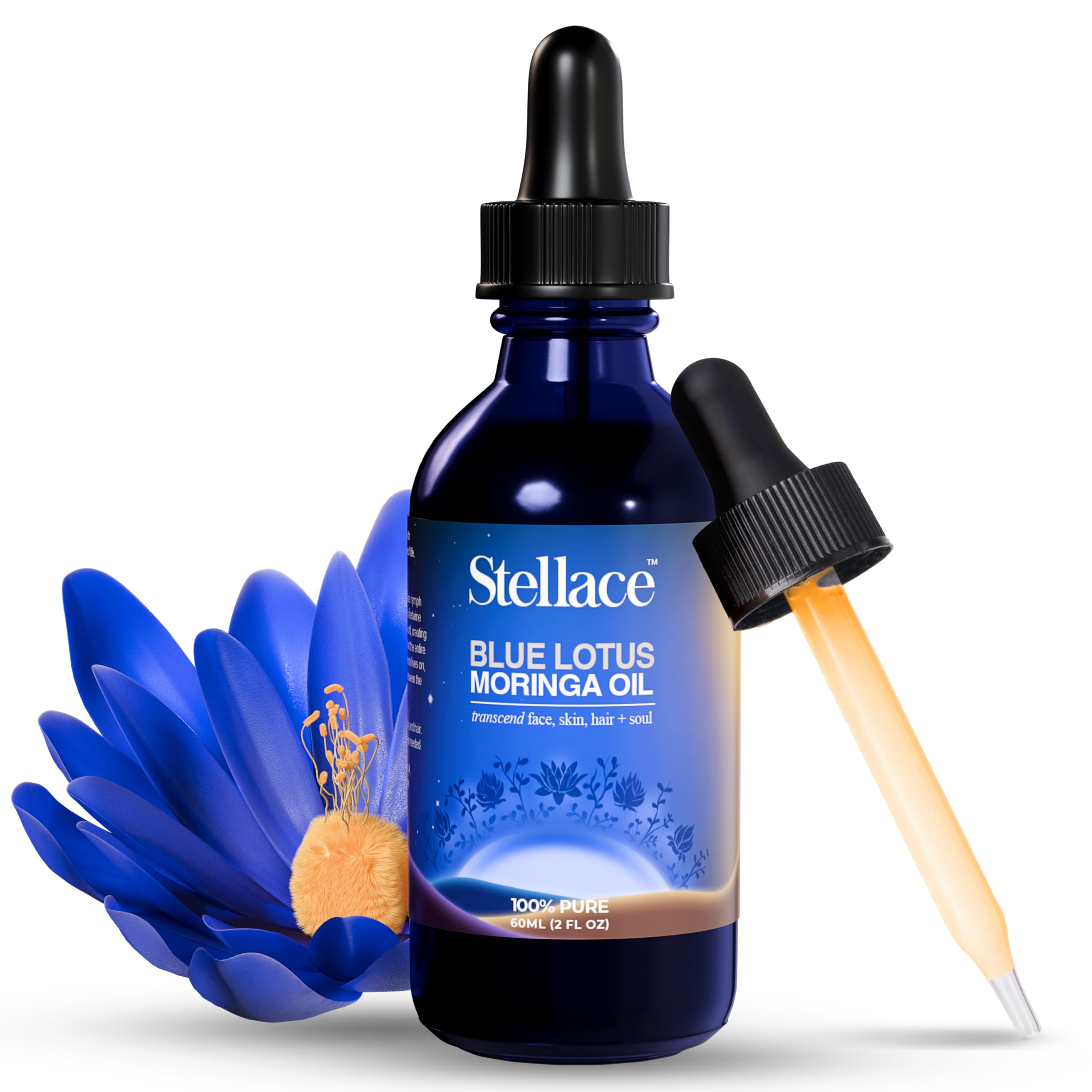 stellace Organic Egyptian Blue Lotus Moringa Oil - 60ml - 100% Pure & Natural Extract - Premium Therapeutic Grade For Face, Body and Hair Oil - Relaxation & Advanced Skin Care