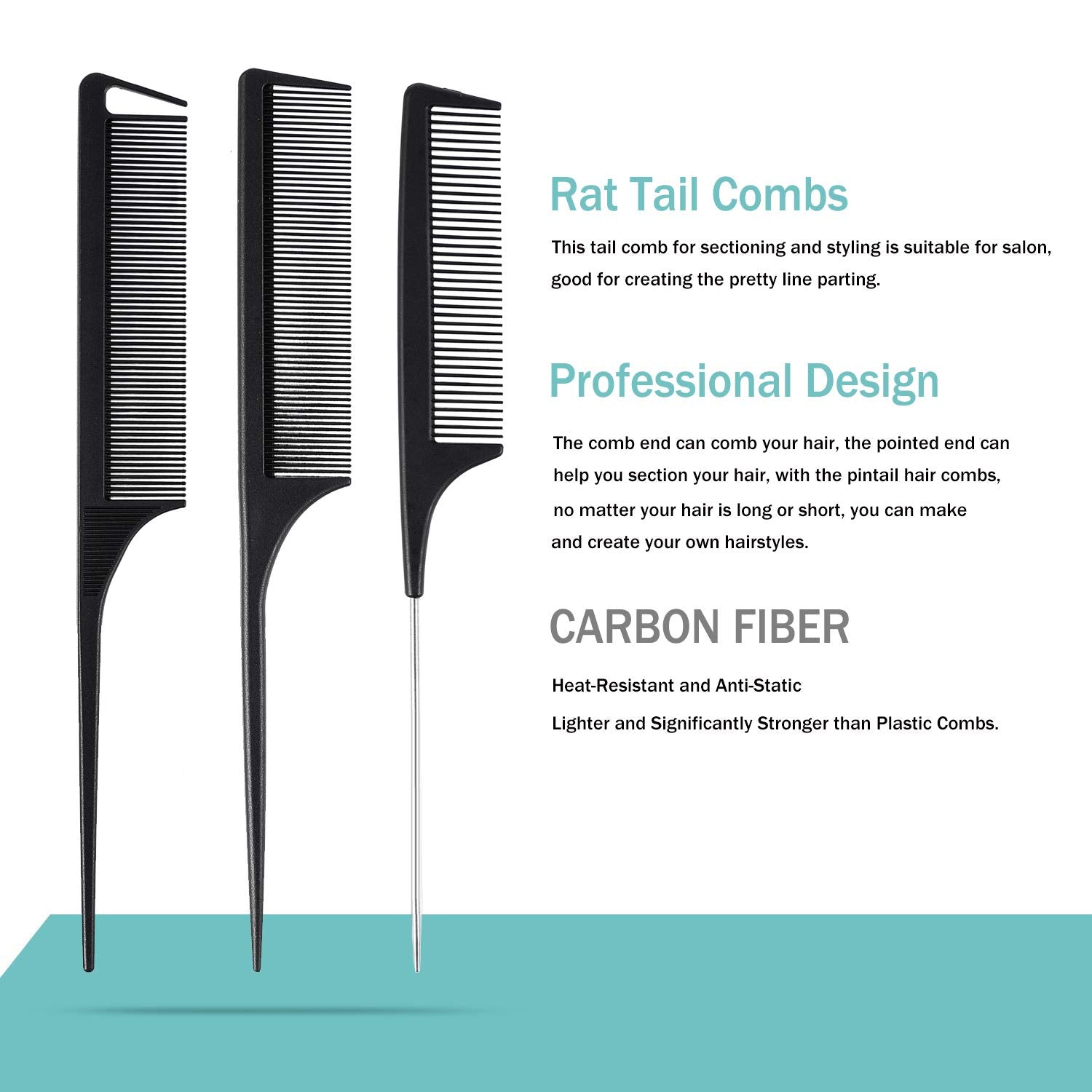 Carbon Fiber Hair Combs Set, General Styling Grooming Comb, Anti Static Heat Resistant Hairdressing Comb 6 pack, Fine and Wide Tooth Hair Barber Comb, Rat Tail Comb