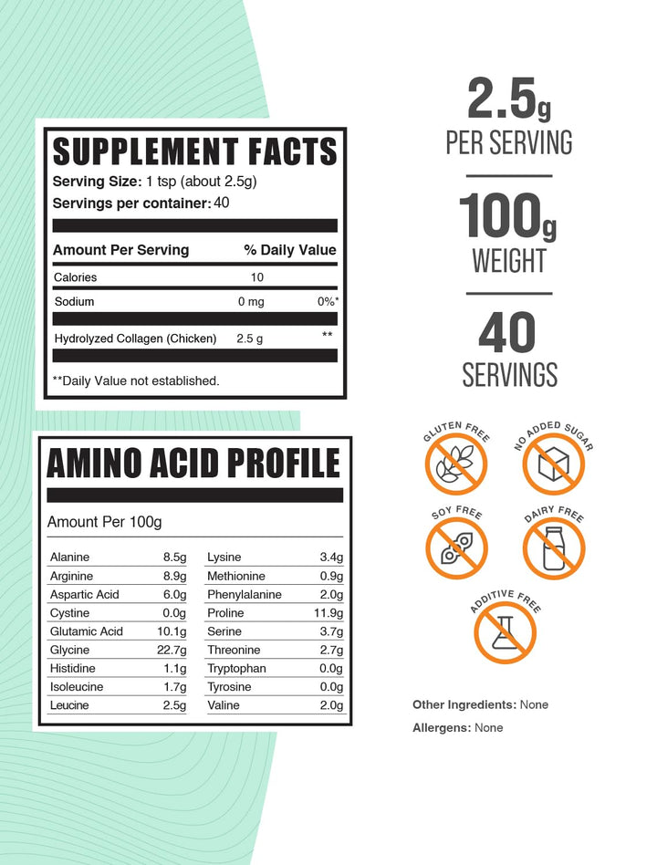 BulkSupplements.com Chicken Collagen Powder - Hydrolyzed Collagen Powder, Collagen Supplement, Collagen Peptides Powder - Gluten Free, 2500mg per Serving, 100g (3.5 oz) (Pack of 1)