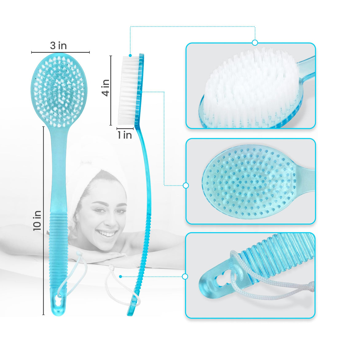 DecorRack Bath Brush with Bristles, Long Handle for Exfoliating Back, Body, and Feet, Bath and Shower Scrubber, Blue (1 Pack)