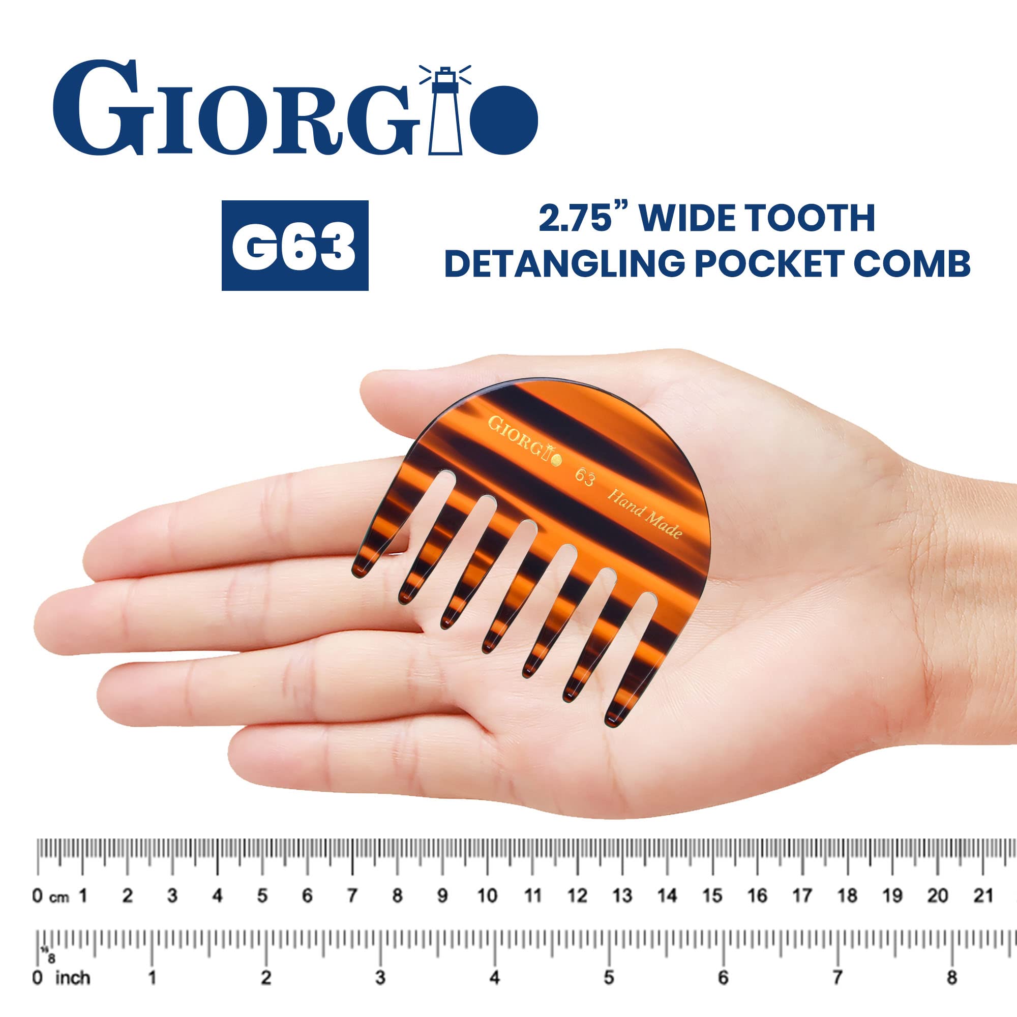Giorgio G63 2 3/4 Hand Made Tortoise Detangling Comb - Wide Teeth Flexible Comb. Hand-Made of quality Durable Cellulose, Saw-cut and Hand Polished. (2-Pack) : 2-Pack
