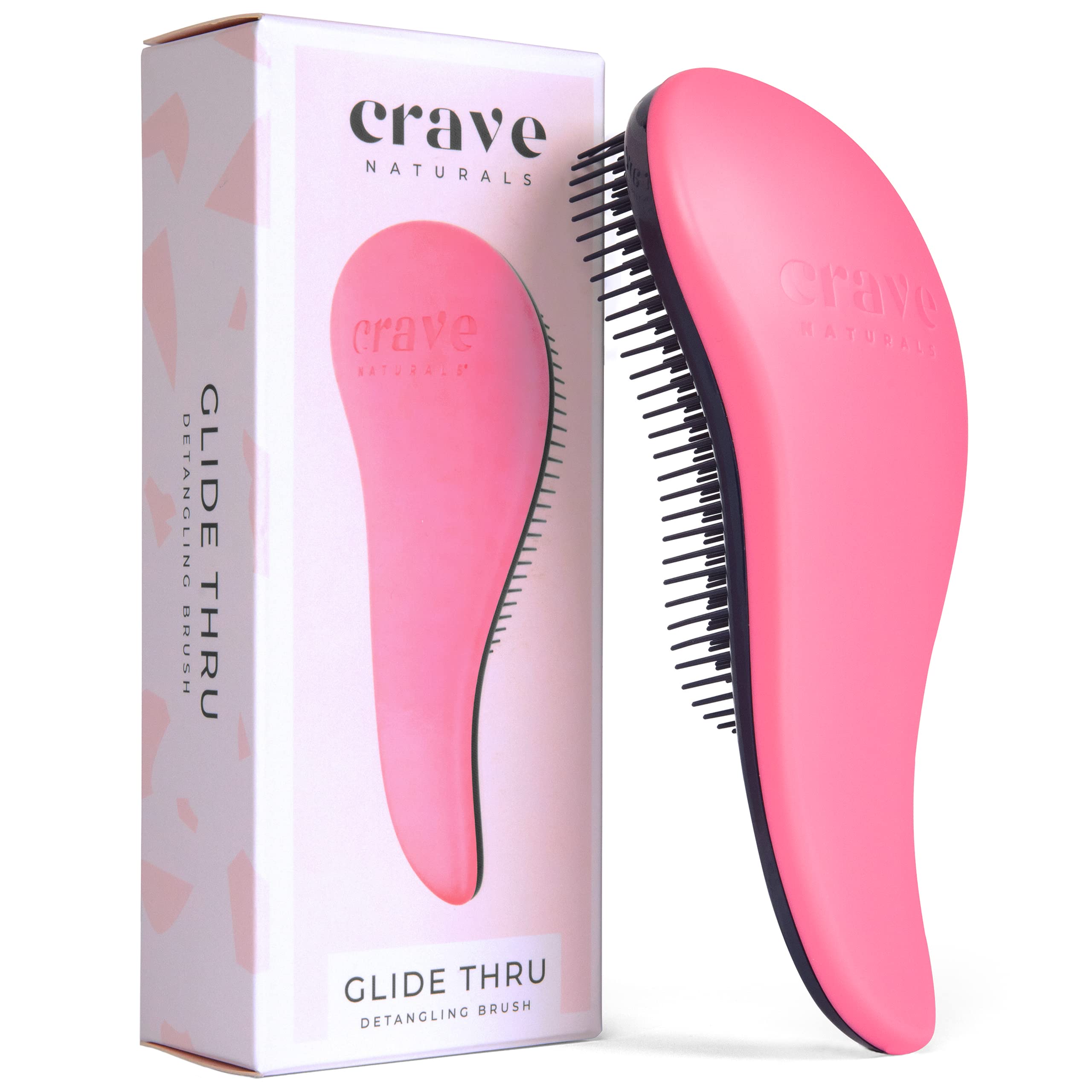 Detangling Brush By Crave Naturals - Glide Thru Detangling Brush Works As a Detangler for Thick, Thin, Curly, Fine, Natural, Color Treated, Damaged, Wet or Dry Hair - No More Tangle - Adults & Kids - Gentle As a Comb - Pink and Black Color - LIFETIME