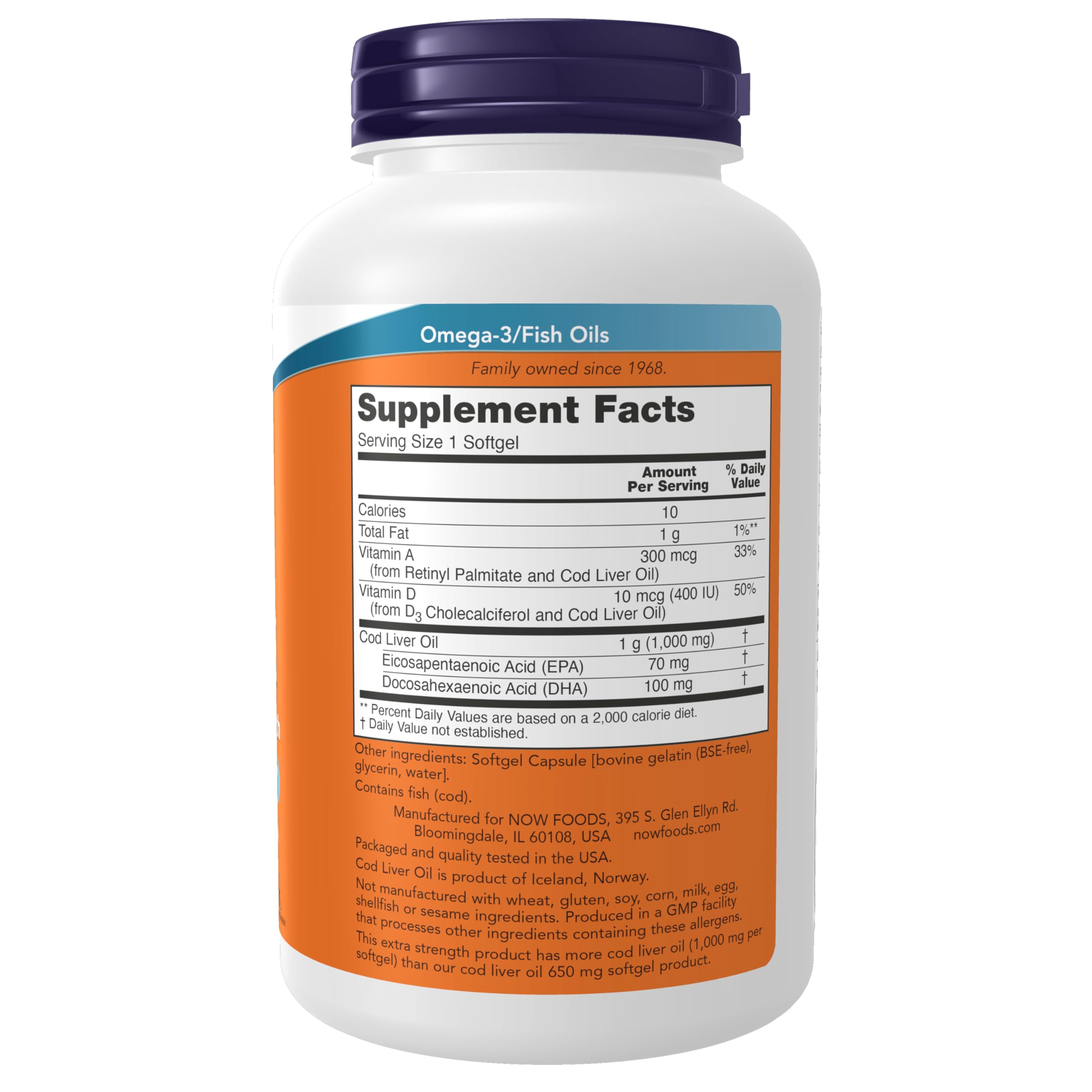 NOW Foods Supplements, Cod Liver Oil, Extra Strength 1,000 mg with Vitamins A & D-3, EPA, DHA, 180 Softgels