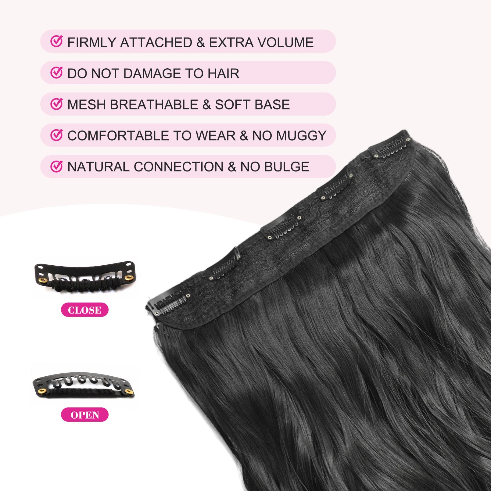 REECHO 20 1-Pack 3/4 Full Head Curly Wave Clips in on Synthetic Hair Extensions Hairpieces for Women 5 Clips 4.6 Oz per Piece - Natural Black