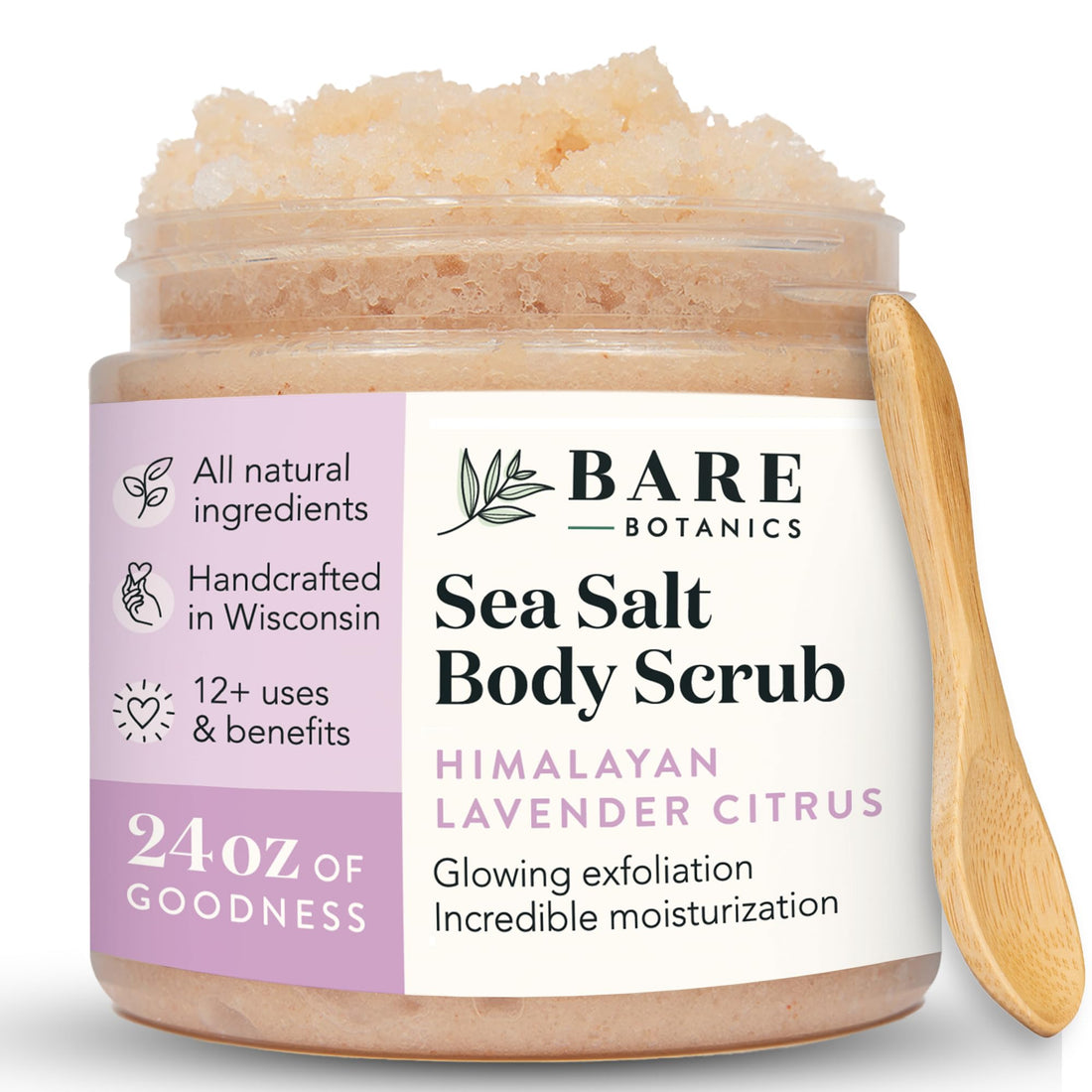 Bare Botanics Lavender Citrus Body Scrub 24oz | Made in Madison, WI | All Natural Himalayan Salt Exfoliator Skin Loving Moisturizers | Vegan & Cruelty Free | Gift Ready Packaging w/a Cute Wooden Spoon