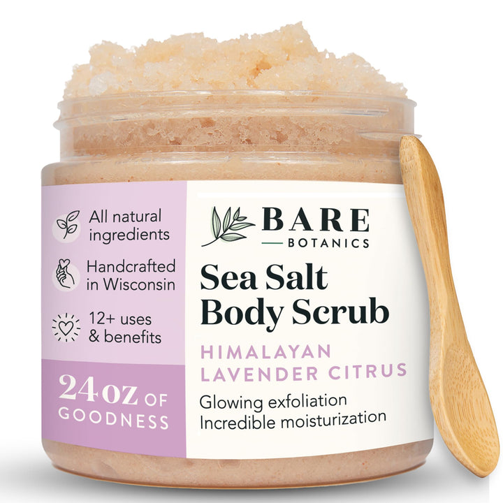 Bare Botanics Lavender Citrus Body Scrub 24oz | Made in Madison, WI | All Natural Himalayan Salt Exfoliator Skin Loving Moisturizers | Vegan & Cruelty Free | Gift Ready Packaging w/a Cute Wooden Spoon