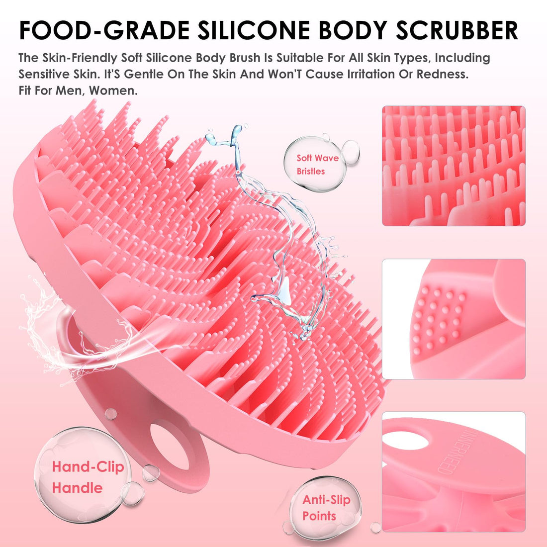 INNERNEED Food-Grade Silicone Body Scrubber Bath Shower Cleansing Brush, Gentle Exfoliating and Massaging, Nice Foaming, Last Longer (Pink)