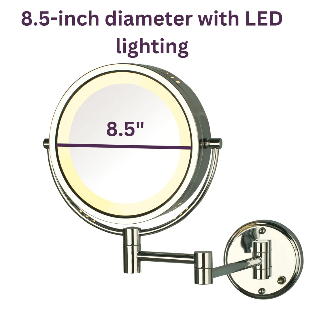 Jerdon Two-Sided Wall-Mounted Makeup Mirror with Lights - Direct Wire Lighted Mirror with 8X Magnification & Wall-Mount Arm - 8.5-inch Diameter Mirror with Chrome Finish Wall Mount - Model HL75CD