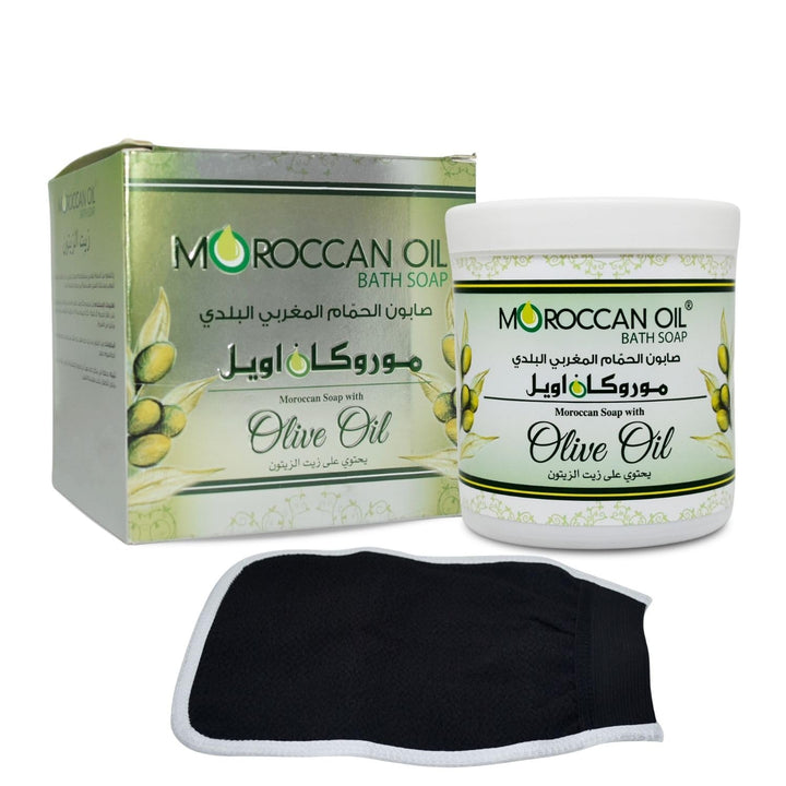 One Pack Moroccan Soap Beldi With Olive Oil & One Original Moroccan Hand Glove Bathing Natural For Body Scrub & Skin (Soap : 8.45 oz / 250 ml)