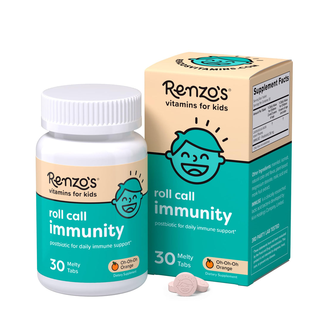 Renzo's Roll Call Immunity, Daily Postbiotic, Dissolvable Kids Immune Support Supplement, Sugar-Free Kids Vitamins, 30 Orange-Flavored Melty Tabs