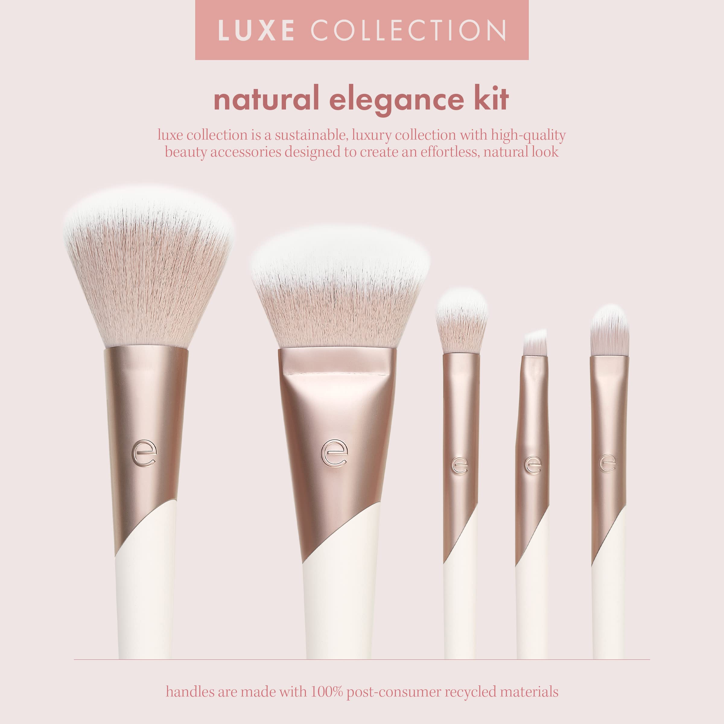 EcoTools Luxe Natural Elegance Professional Face Makeup & Foundation Brush Set, For Face, Cheek, and Eye Makeup, Ecofriendly Makeup Brushes, Pink, Luxurious and Glamorous, 5 Piece Set