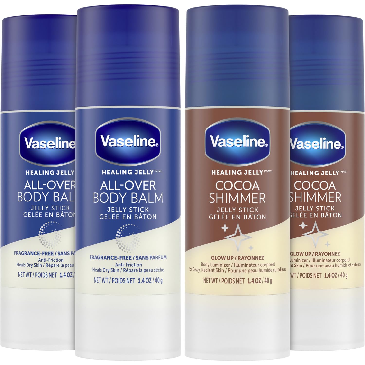 Vaseline Lotion Bundle, Cocoa Shimmer Jelly Stick Highlighter & Luminizer + All Over Body Balm Stick, Vaseline Cocoa Butter, Body Balm Skin Care Set, Petroleum Jelly for Dry Skin (4 Piece Set)
