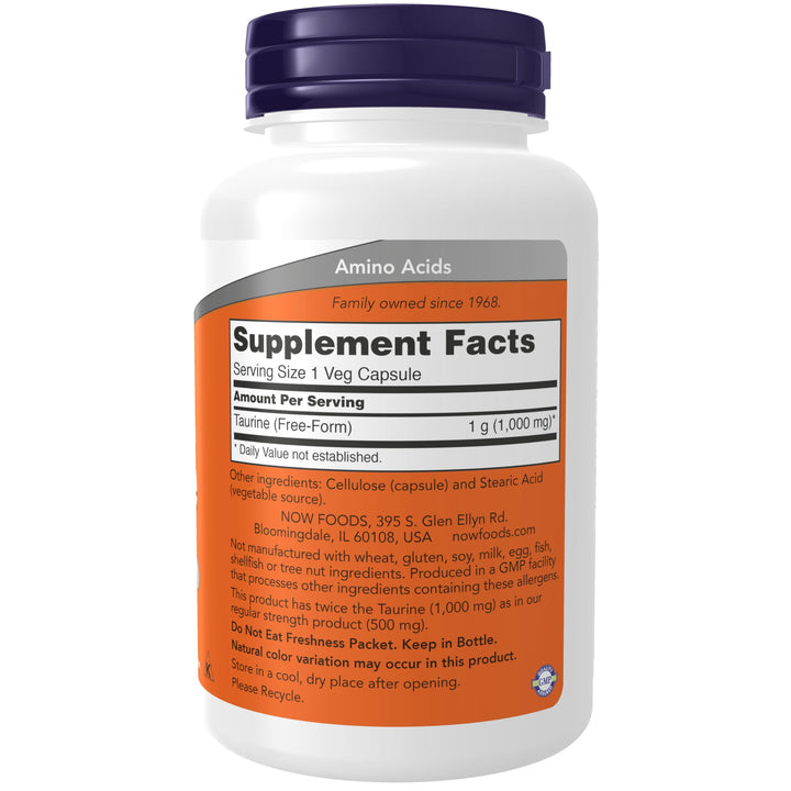 NOW Foods Supplements, Taurine 1,000 mg, Double Strength, Nervous System Health*, 100 Veg Capsules