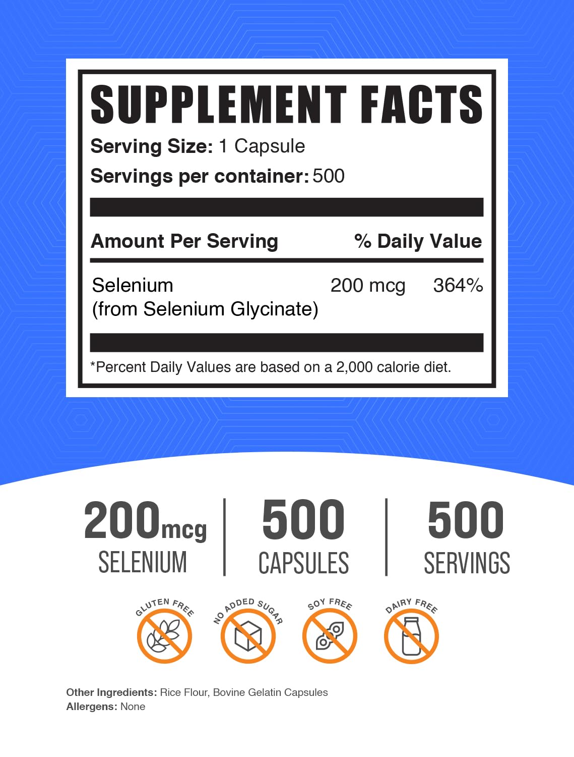 BulkSupplements.com Selenium Glycinate Capsules - Selenium Supplement, Selenium 200mcg Capsules - Essential Trace Mineral, Gluten Free, 1 Capsule per Serving, 500 Count (Pack of 1)