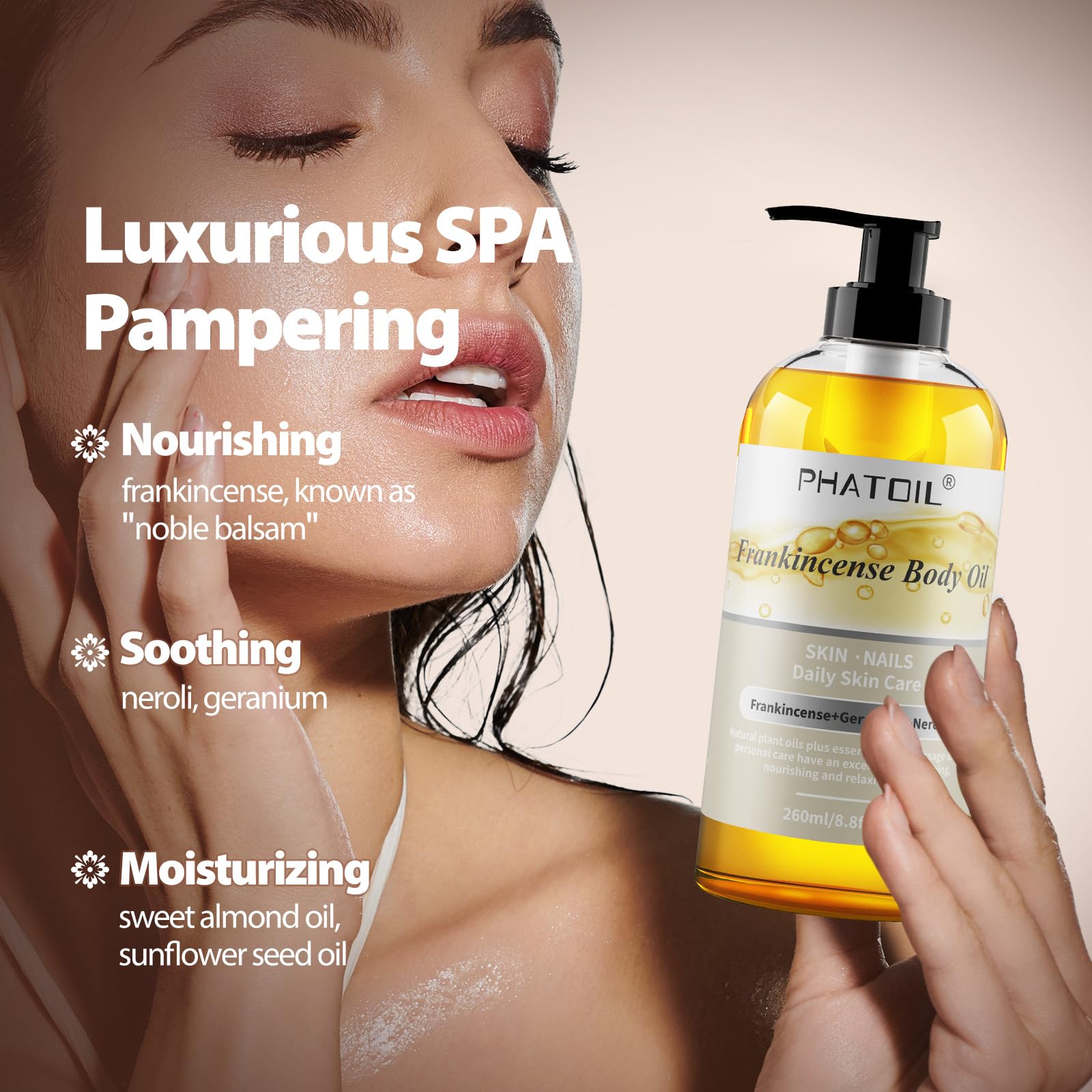 PHATOIL Frankincense Body Oil 8.8 FL.OZ, 260 ml Moisturizing Massage Oil Skin Oil with Pump, Body Oils for Men and Women Skincare, Blends of Natural Plant Oils and Essential Oils, Frankincense Oil