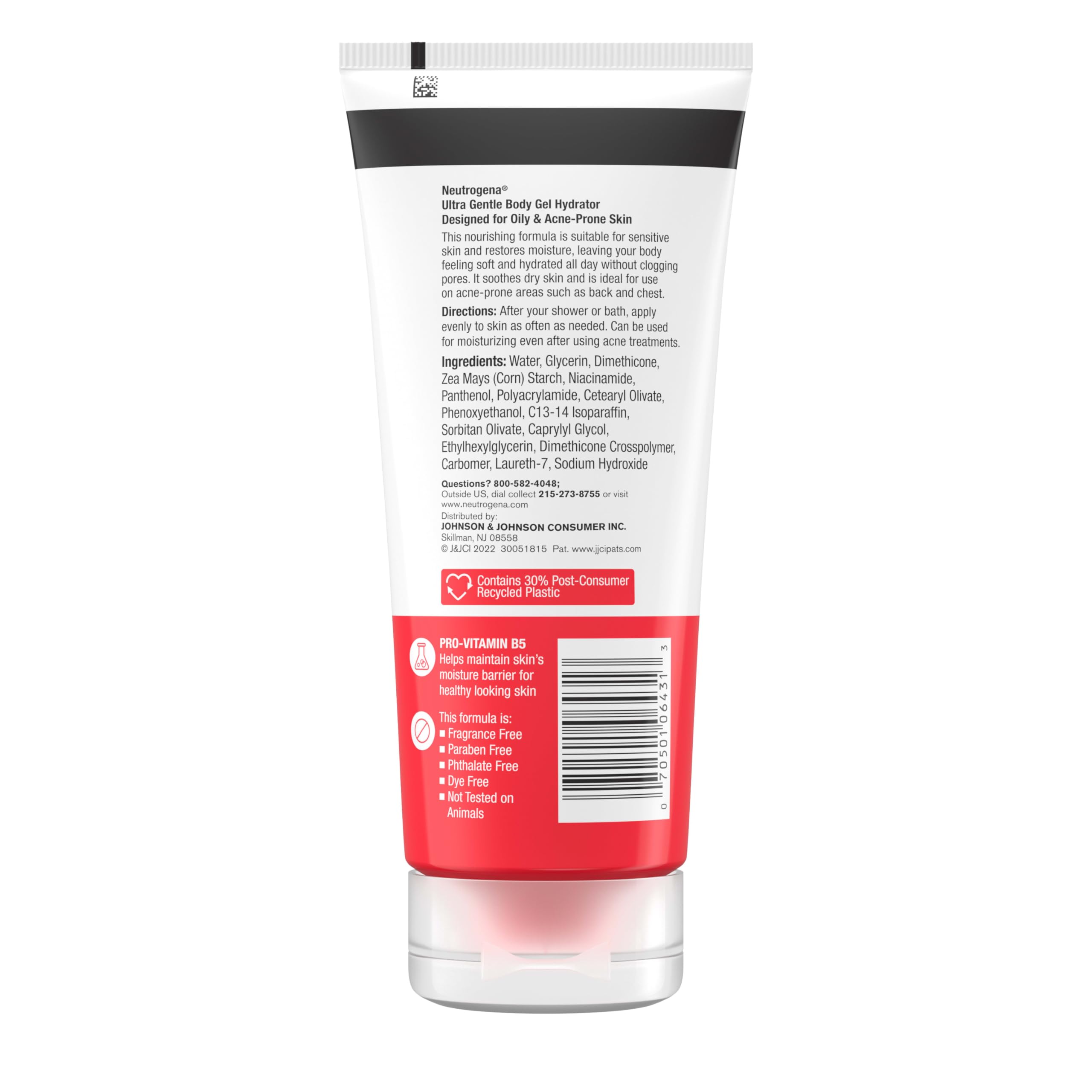 Neutrogena Ultra Gentle Body Gel Hydrator with Pro-Vitamin B5 & Niacinamide Designed for Acne-Prone & Oily Skin, Body Gel Cream Moisturizes Without Clogging Pores, Fragrance-Free, 7.0 oz