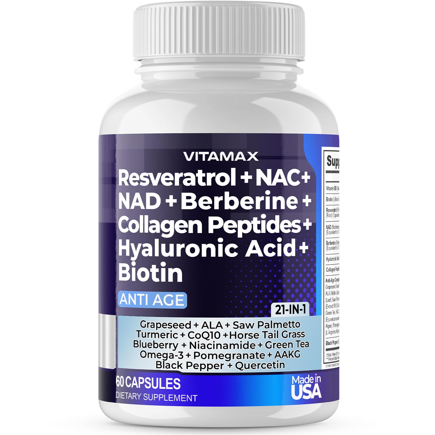 Resveratrol NAD+ Berberine Hyaluronic Acid - Biotin Grape & Blueberry + NAC - Collagen Peptides - Hair, Nail, Skin & Joint Supplement - 21-in-1 Women and Men - Made in USA (60 Count (Pack of 1)