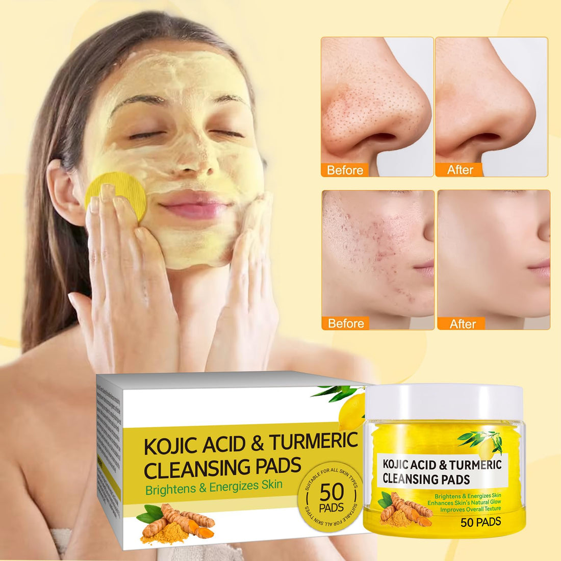 Turmeric Face Scrub Cleansing Pads, Turmeric Glow Wash - Exfoliating Helps Balance Skin. (50 Pcs)