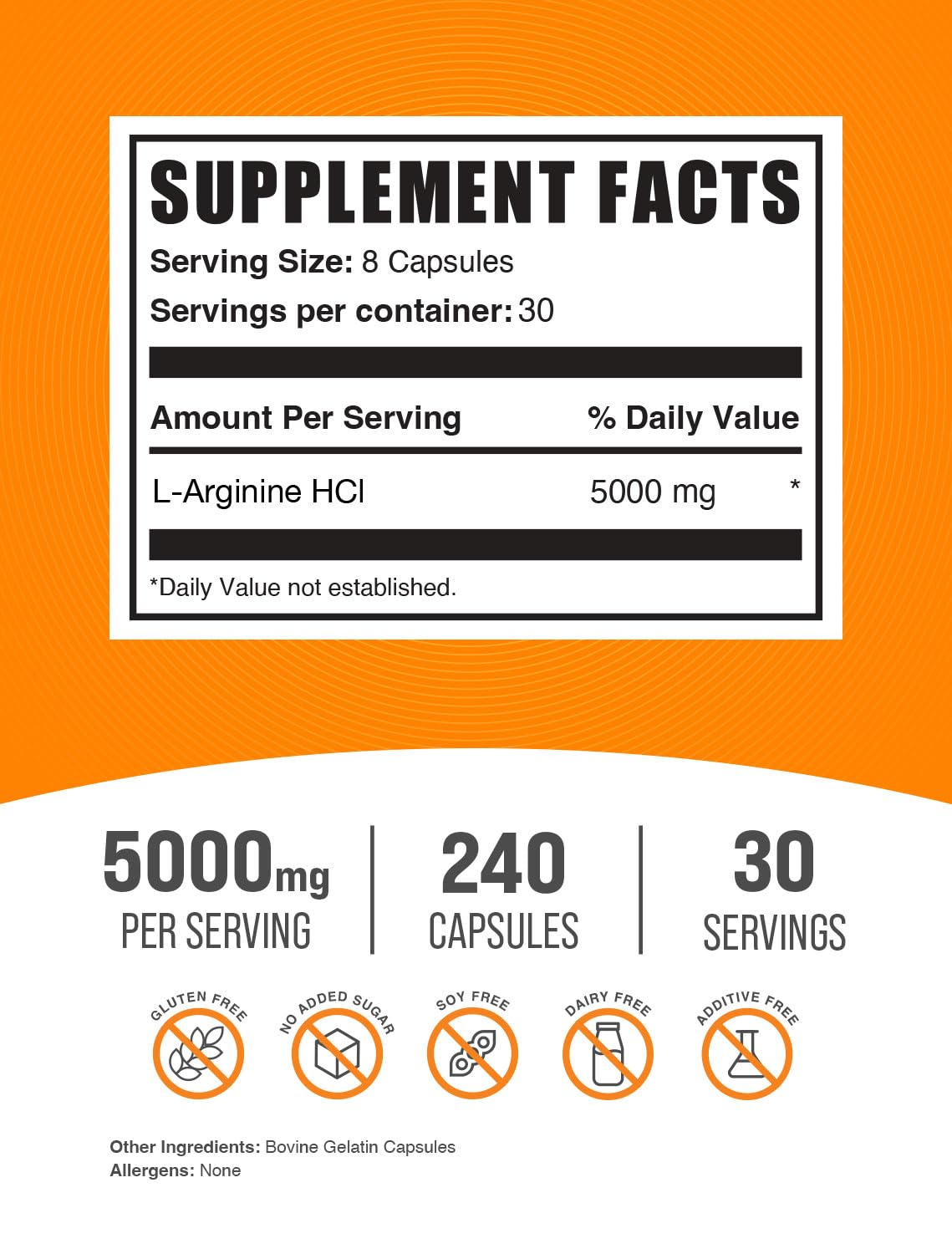 BulkSupplements.com L-Arginine HCl Capsules - Arginine Supplement, Nitric Oxide Supplement, L-Arginine 5000mg - Gluten Free, 8 Capsules per Serving, 240 Capsules (Pack of 1)