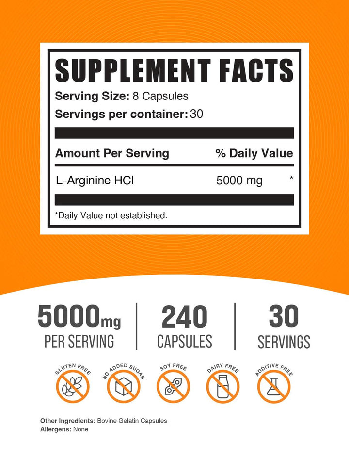 BulkSupplements.com L-Arginine HCl Capsules - Arginine Supplement, Nitric Oxide Supplement, L-Arginine 5000mg - Gluten Free, 8 Capsules per Serving, 240 Capsules (Pack of 1)