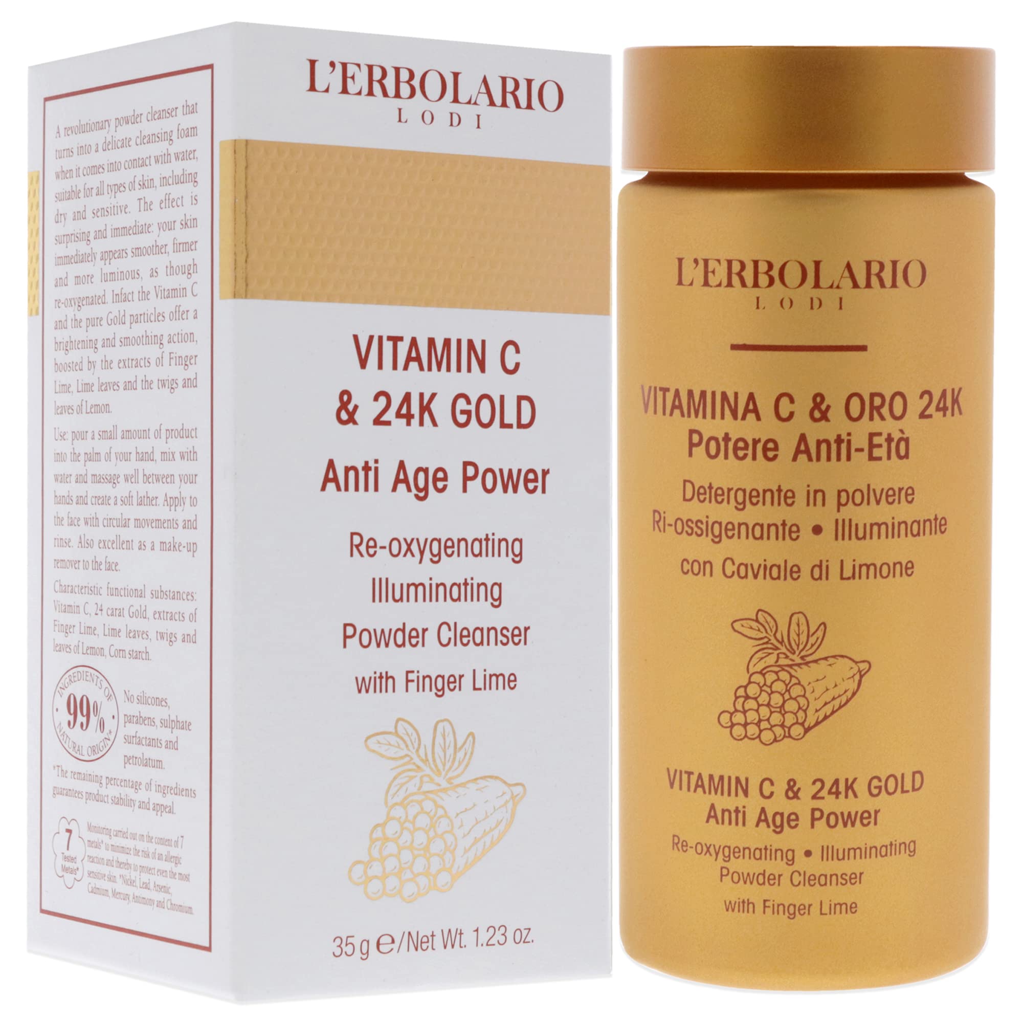 L'Erbolario Vitamin C And 24K Gold Anti-Age Power - Cleanser Face Wash for Oily and Dry Skin - Restores Your Skin’s Natural Glow - Daily Facial Cleanser Removes Makeup, Sweat and Impurities - 1.23 oz