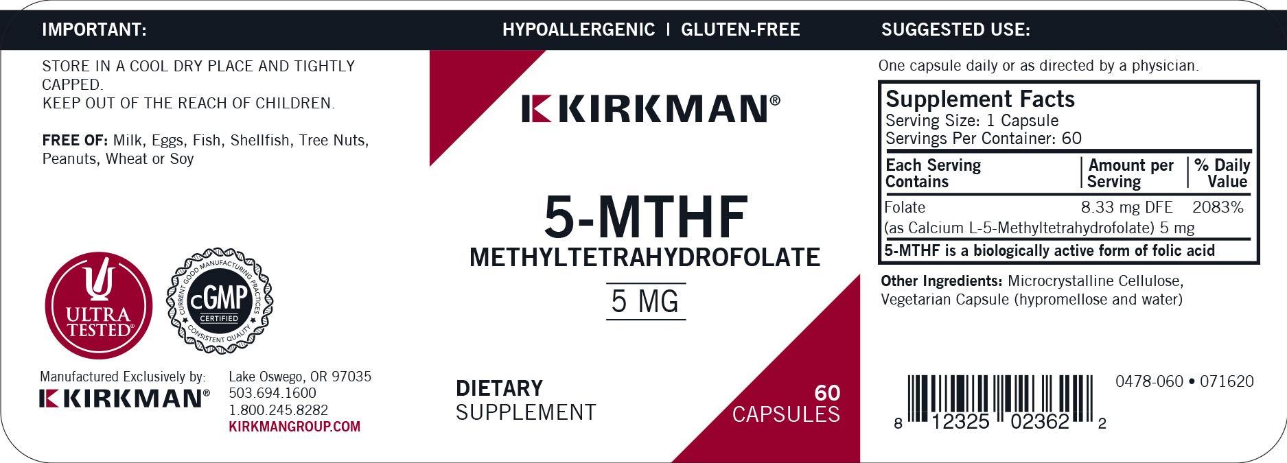 Kirkman 5-MTHF ([6S]-5-Methyltetrahydrofolate) 5 mg - Hypoallergenic | 60 Vegetarian Capsules