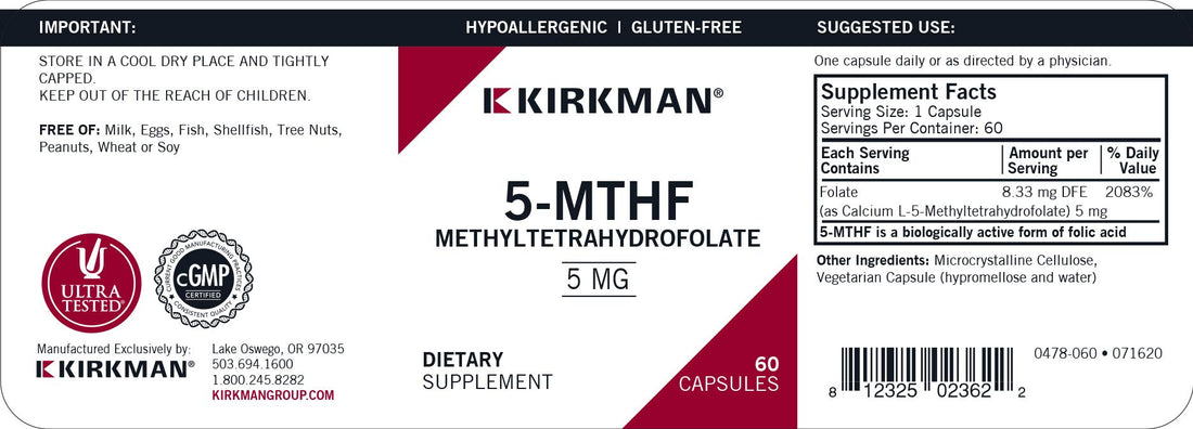 Kirkman 5-MTHF ([6S]-5-Methyltetrahydrofolate) 5 mg - Hypoallergenic | 60 Vegetarian Capsules
