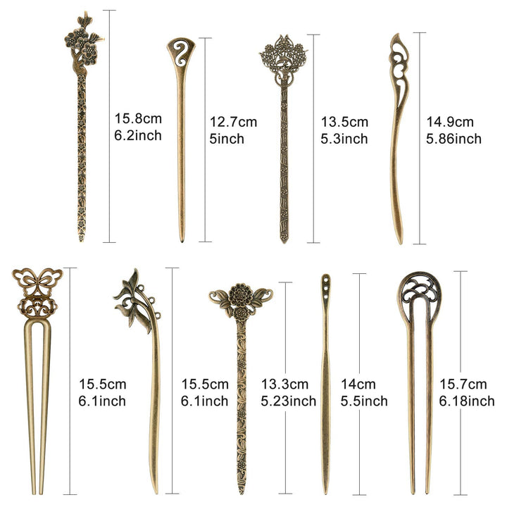 TUPARKA 18 PCS Hair Sticks Vintage Hair Pins Chinese Women Hair Chopsticks Pins Retro Vintage Decorative for Hair Accessory(9 Design) (bronze)