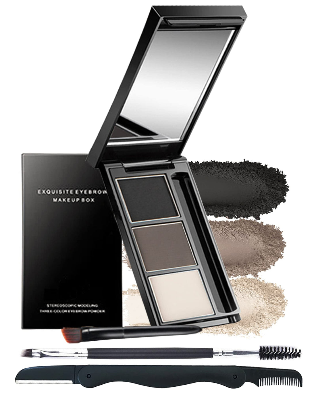 Eyebrow Powder Makeup Kit-3 Colors Eye Brow Powder Palette Long-Lasting Waterproof, Black Brown Series Brow Powder, Fill & Sculpt Full Eyebrows for Women, With Mirror, Brow Brush & Razor-Set 01