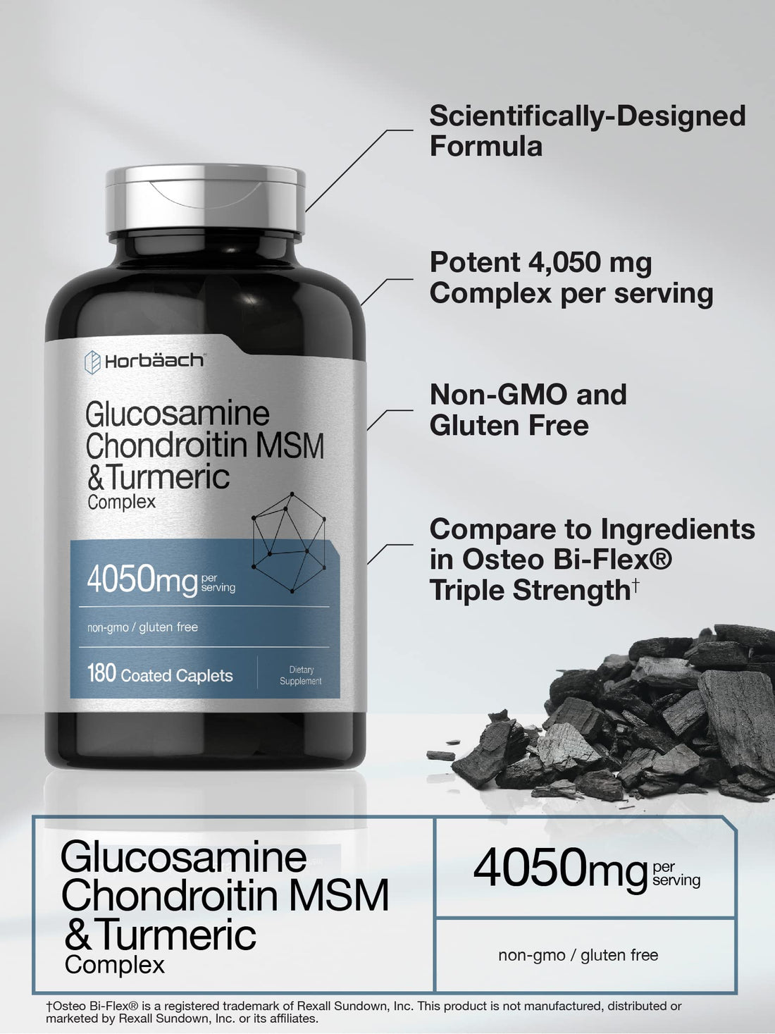 Horbäach Glucosamine Chondroitin with Turmeric & MSM | 4050 mg | 180 Caplets | Triple Strength Formula | Non-GMO, Gluten Free