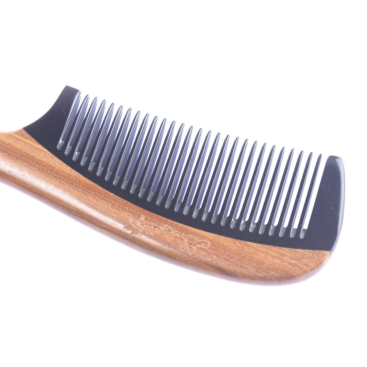 Breezelike No Static Black Buffalo Horn Fine Tooth Comb with Round Sandalwood Handle