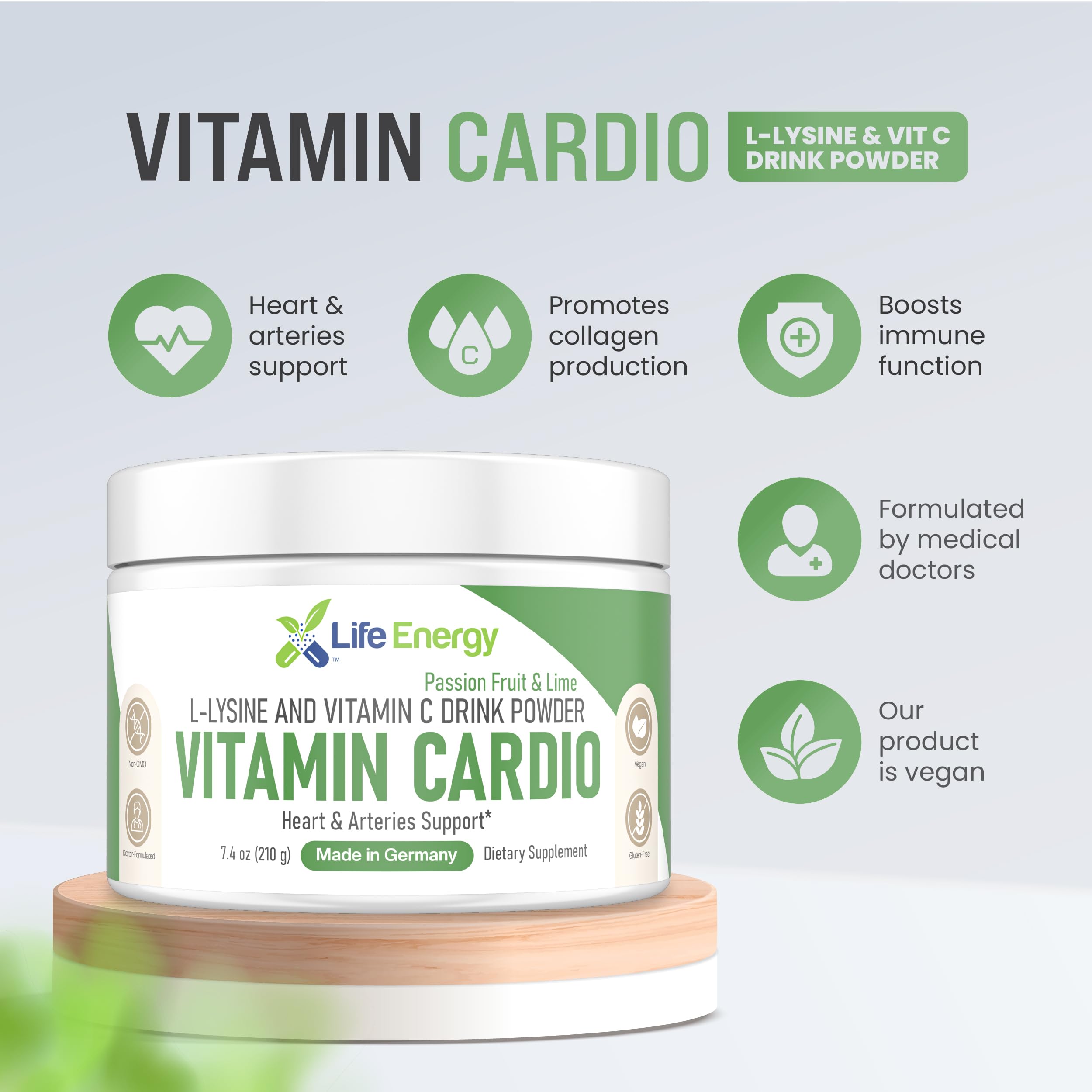 Life Energy Vitamin Cardio - High-Dosed Vitamin C & Lysine Drink Powder - Heart & Arteries Support