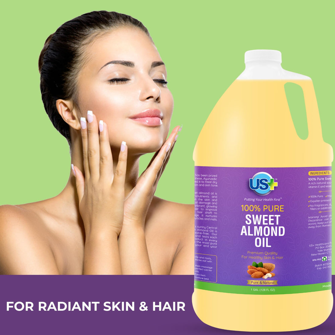 US+ 100% Pure Sweet Almond Oil - All-natural, Expeller-pressed, Hexane-free - Premium Quality for Healthy Skin & Hair (1 Gallon)